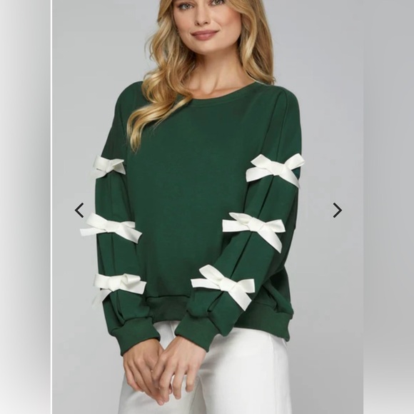014. Knit French Terry Sweatshirt With Tied Ribbon Sleeves in Green - Picture 2 of 4